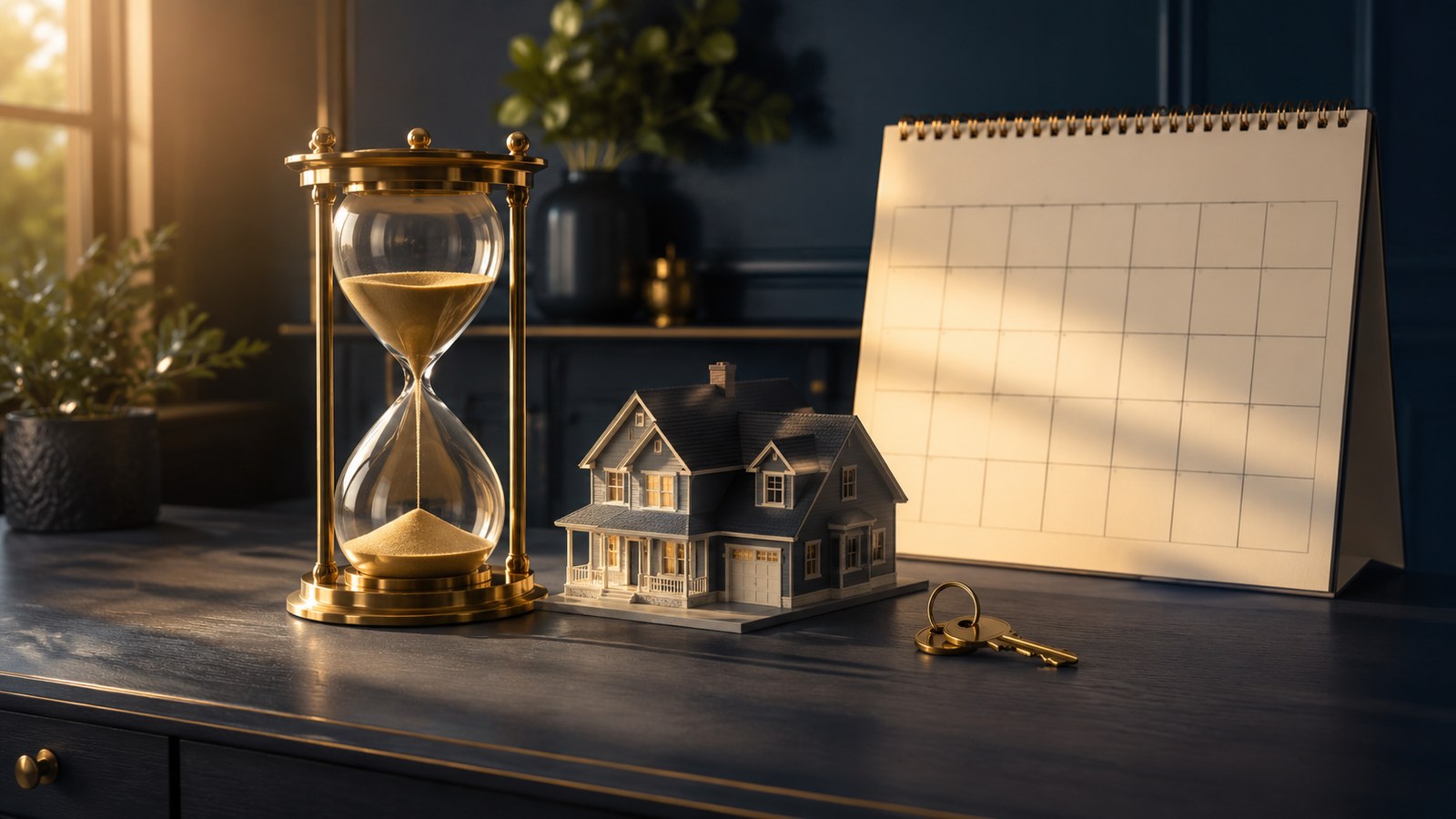 An hourglass, wall calendar and model house on a desk - planning a mortgage renewal ahead of time