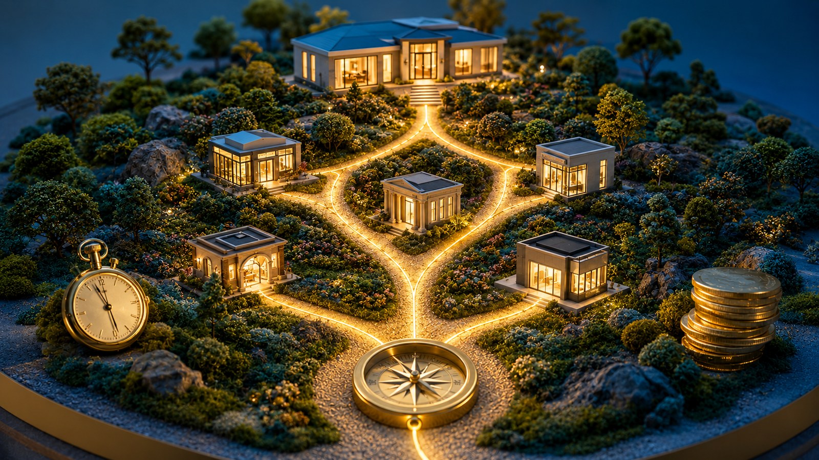 Glowing paths through a landscape of homes with a compass, pocket watch and gold coins - a broker saving time and money