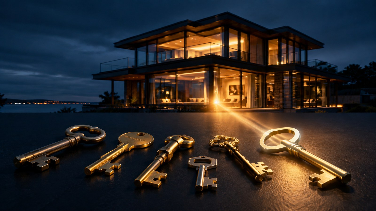 Several different golden keys before a warmly lit modern glass home - different home equity solutions