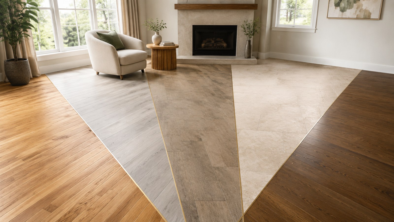 A bright living room where five flooring materials meet - oak hardwood, grey-wash plank, vinyl plank, travertine tile and dark hardwood