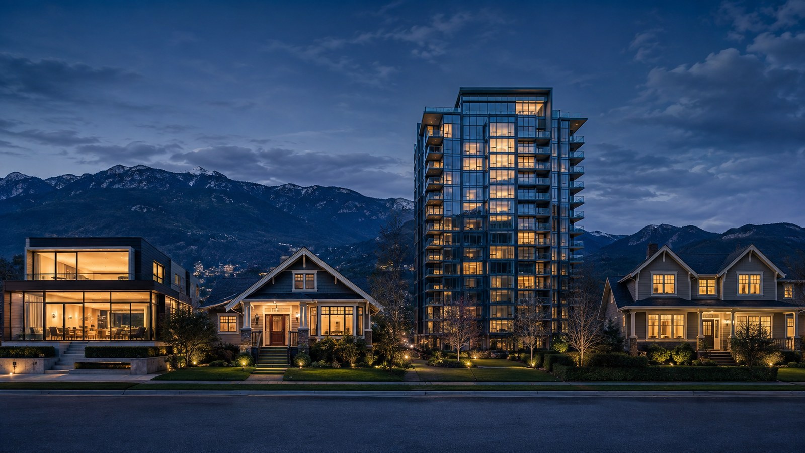 A row of different home styles - modern, craftsman, condo tower, suburban - at dusk below the North Shore mountains
