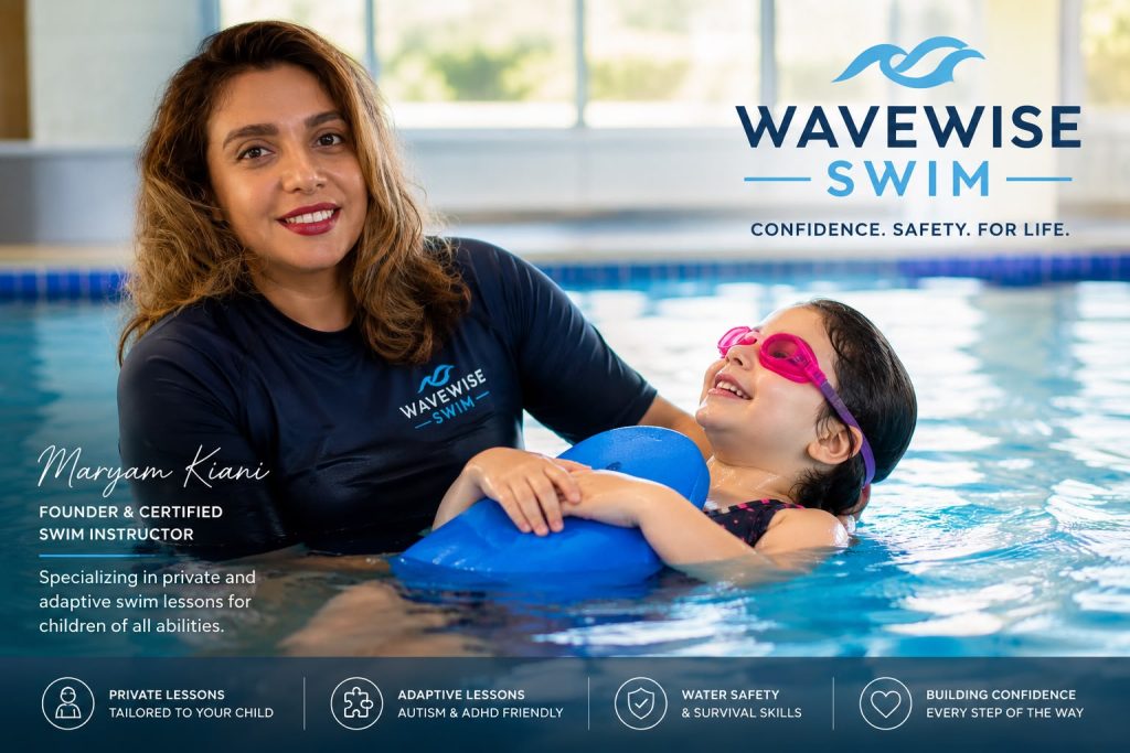 WaveWise Swim - Maryam Kiani teaching a child private swim lessons in a Metro Vancouver pool
